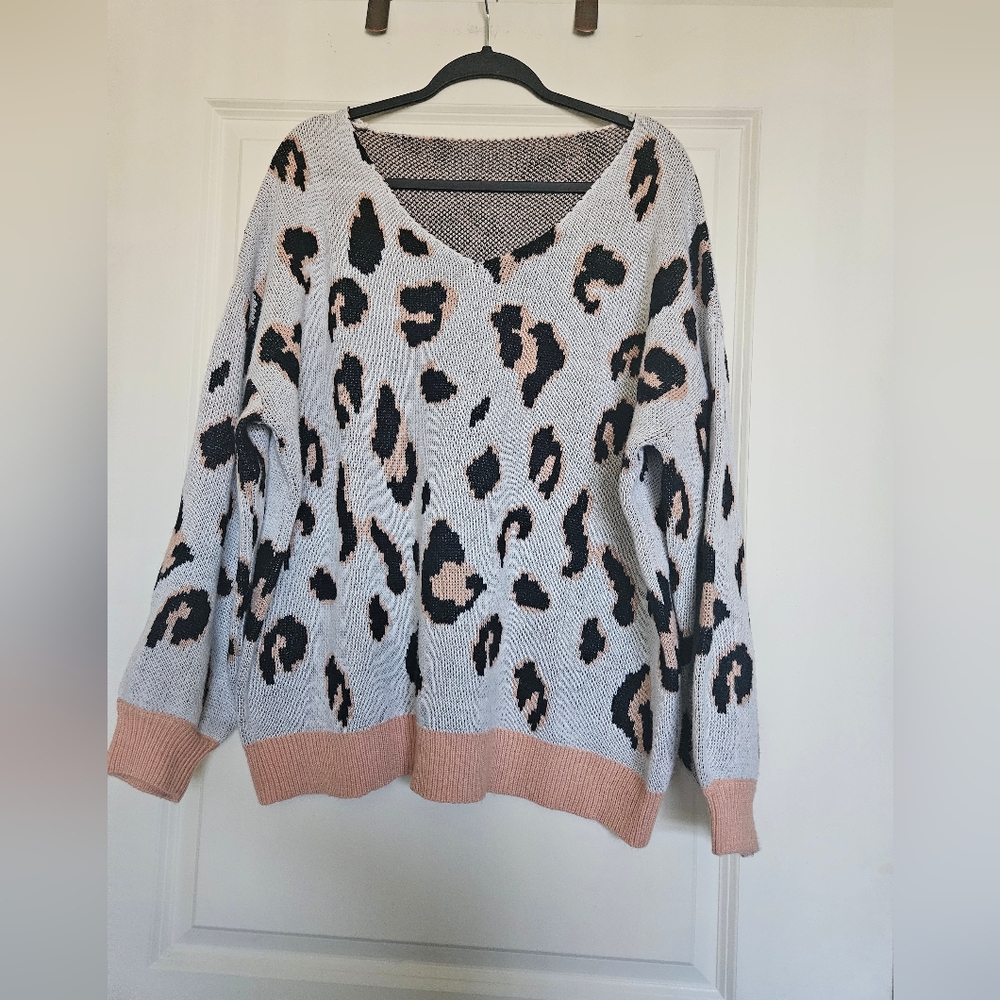 Pink Blush Leopard Print V-Neck Sweater